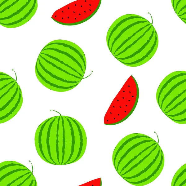 Sommer positive Vektor nahtlosen Hintergrund mit großer Wassermelone. Visuelles Vitaminmuster. grüne und rote Wassermelonenscheiben Illustration. weiße Textur mit frischen Melonenbeeren. — Stockvektor