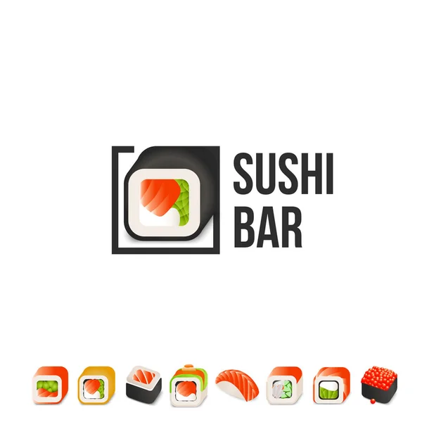 Sushi és roll vektor logo sablon. Japán keleti konyha csemege emblémát. Minimális menü tervezés, fekete szegély. — Stock Vector