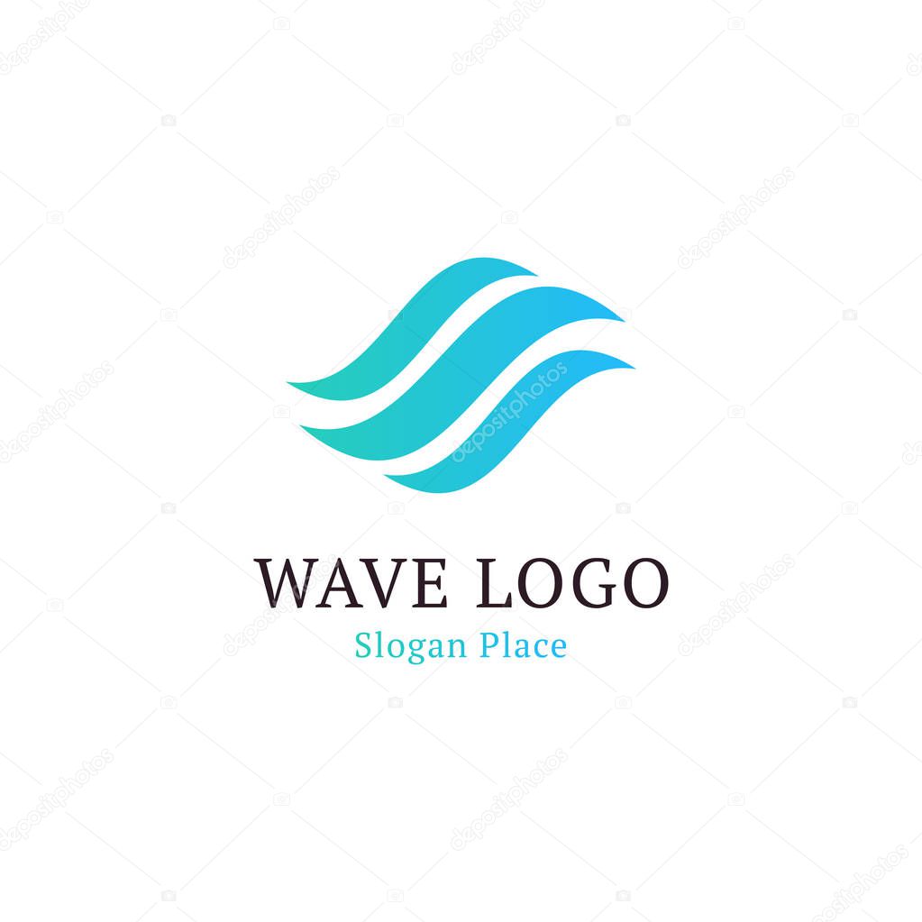 Wavy wave in round shape, red and blue feather logos. Isolated abstract decorative logo set, design element template on white background.
