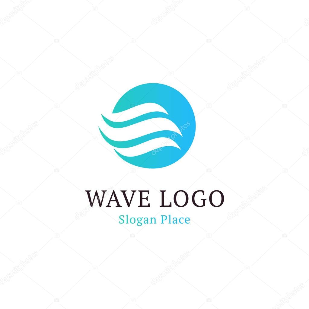 Wavy wave in round shape, red and blue feather logos. Isolated abstract decorative logo set, design element template on white background.