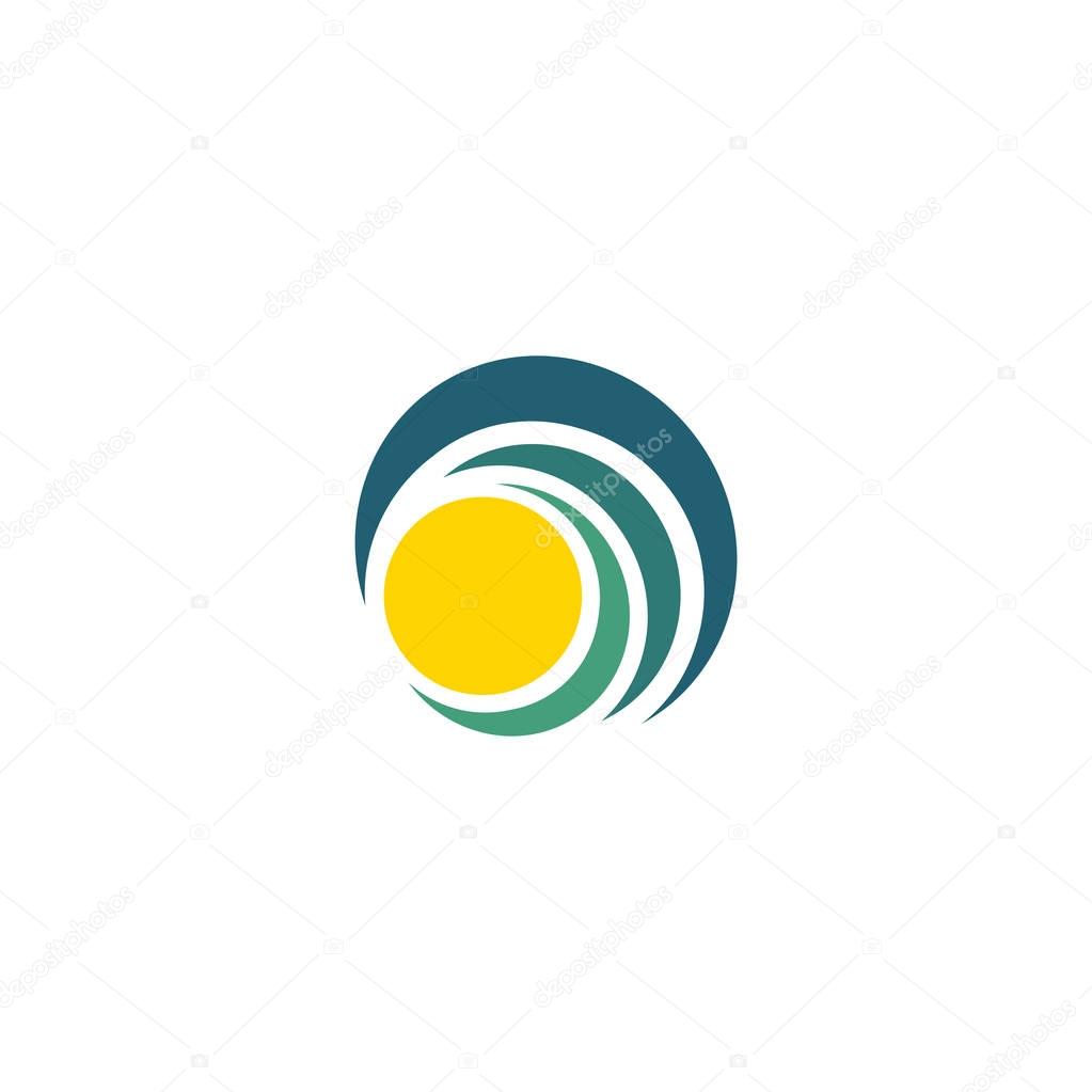 Blue wave and yellow sun, sunset and sunrise logotype. Isolated abstract decorative logo, design element template on white background.