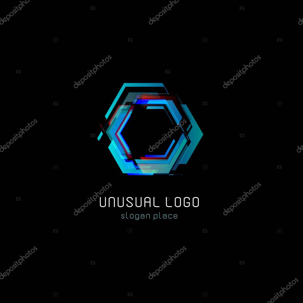 Futuristic reactor abstract colorful vector logo template. Innovative technologies digital design effect logotype on black background.