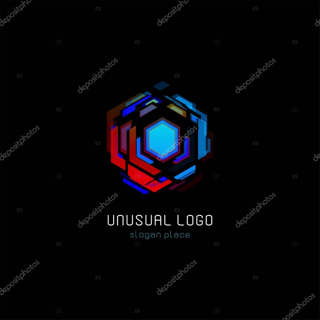 Futuristic reactor abstract colorful vector logo template. Innovative technologies digital design effect logotype on black background.