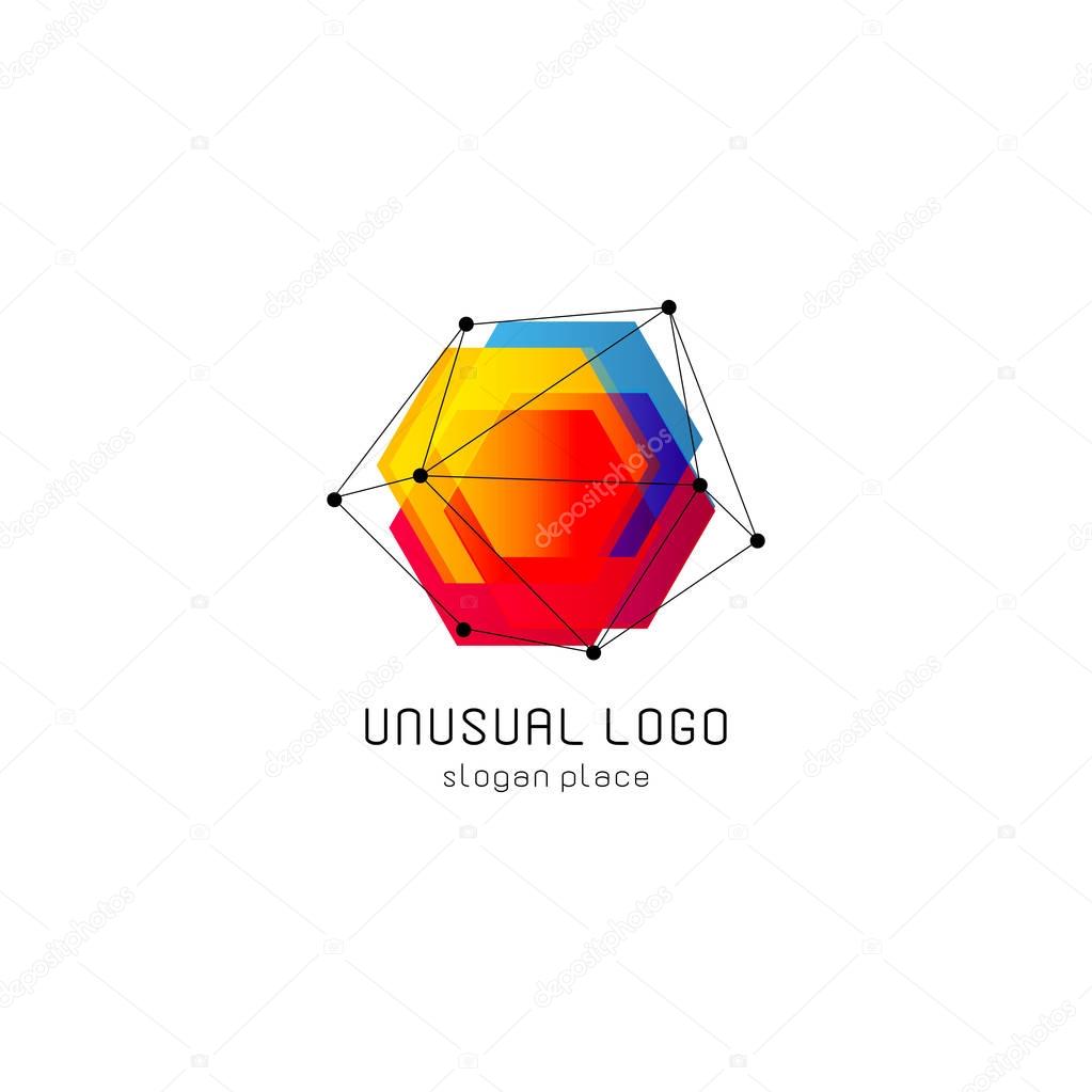 Bright colorful abstract poly construction logotype, unusual innovate design logo template, isolated polygon shape, spiderweb from black lines with dots on corners, illustration on white background.