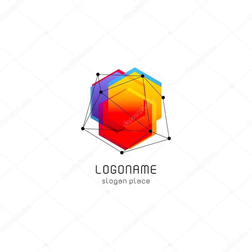 Bright colorful abstract poly construction logotype, unusual innovate design logo template, isolated polygon shape, spiderweb from black lines with dots on corners, illustration on white background.