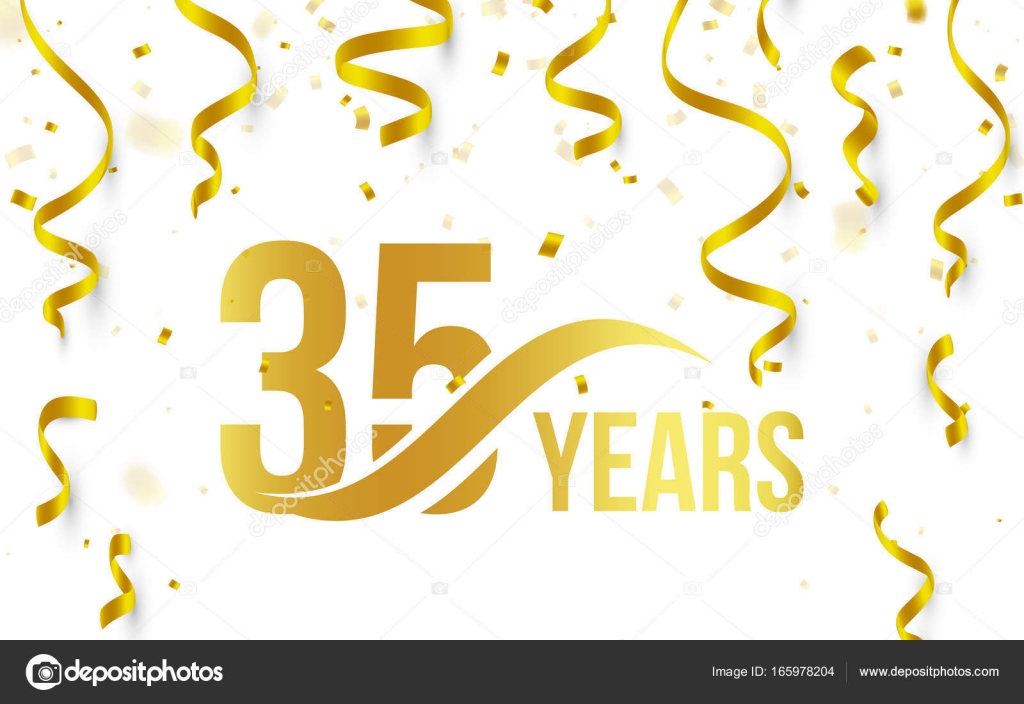 35 year anniversary celebration. Gold number with golden confetti