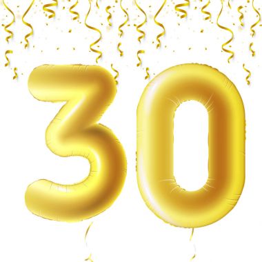 Konfeti düşen ve kurdeleler asılı altın Ulusal teketim ürünleri. Otuz yıl, sembol 30. Vektör çizim, logo veya poster otuzuncu doğum günü kutlamak için.