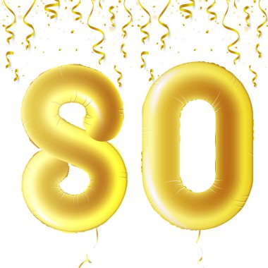 Konfeti düşen ve kurdeleler asılı altın Ulusal teketim ürünleri. Seksen yıl, 80 sembolü. Vektör çizim, logo veya poster Lostun doğum günü kutlamak için.