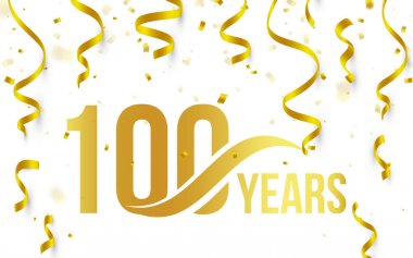 Altın rengi sayı 100 kelime yıl simgesi altın düşme ile beyaz zemin üzerine konfeti ve kurdeleler, 100 doğum günü Yıldönümü tebrik logo, kartı öğe, vektör çizim ile izole