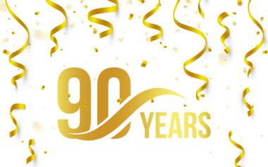 Altın rengi sayı 90 kelime yıl simgesi altın düşme ile beyaz zemin üzerine konfeti ve kurdeleler, 90'ıncı doğum günü Yıldönümü tebrik logo, kartı öğe, vektör çizim ile izole