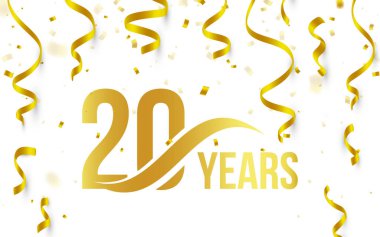 Altın rengi numarası 20 kelime yıl simgesi altın düşme ile beyaz zemin üzerine konfeti ve kurdeleler, 20th doğum günü Yıldönümü tebrik logo, kartı öğe, vektör çizim ile izole