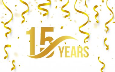 Altın rengi sayısı 15 kelime yıl simgesi altın düşme ile beyaz zemin üzerine konfeti ve kurdeleler, 15 doğum günü Yıldönümü tebrik logo, kartı öğe, vektör çizim ile izole