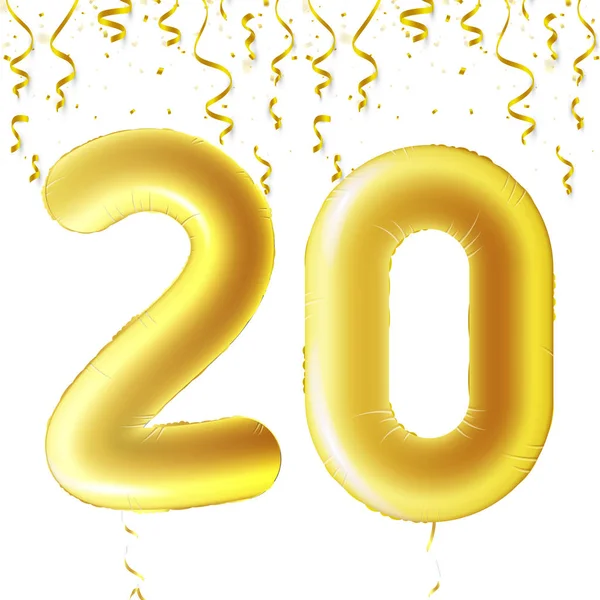 Надувные золотые шарики с падающими конфетти и вешающими лентами. Двадцать лет, символ 20. Векторная иллюстрация, логотип или плакат к празднованию двадцатилетия . — стоковый вектор