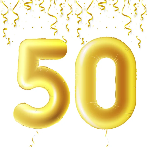 Boules d'or gonflables avec confettis tombants et rubans suspendus. Cinquante ans, symbole 50. Illustration vectorielle, logo ou affiche pour le cinquantième anniversaire . — Image vectorielle