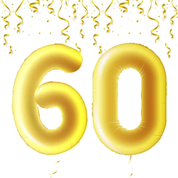 Boules d'or gonflables avec confettis tombants et rubans suspendus. Soixante ans, symbole 60. Illustration vectorielle, logo ou affiche pour le soixantième anniversaire . — Image vectorielle
