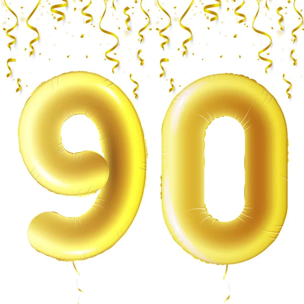 Boules d'or gonflables avec confettis tombants et rubans suspendus. 90 ans, symbole 90. Illustration vectorielle, logo ou affiche pour le quatre-vingt-dixième anniversaire . — Image vectorielle