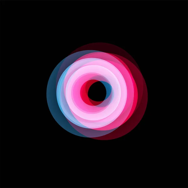 Logo abstrait en entonnoir isolé, forme linéaire inhabituelle, logotype circulaire. cerceaux lumineux, anneaux, illustration graphique de roue sur le fond noir . — Image vectorielle