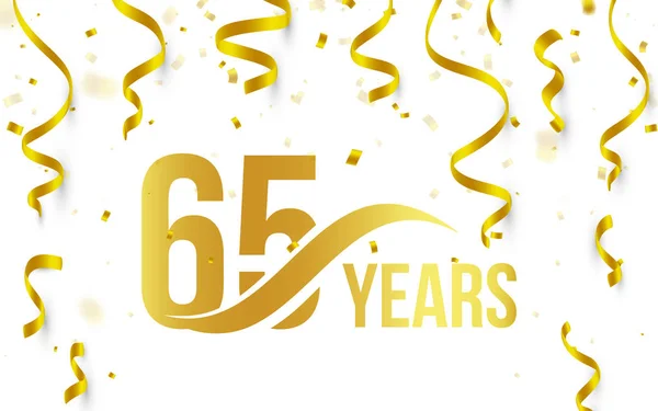 Gouden kleurnummer 65 met woord jaar pictogram op witte achtergrond met vallende gouden confetti en linten, 65e verjaardag verjaardag groeten logo, kaart element, vectorillustratie geïsoleerd — Stockvector
