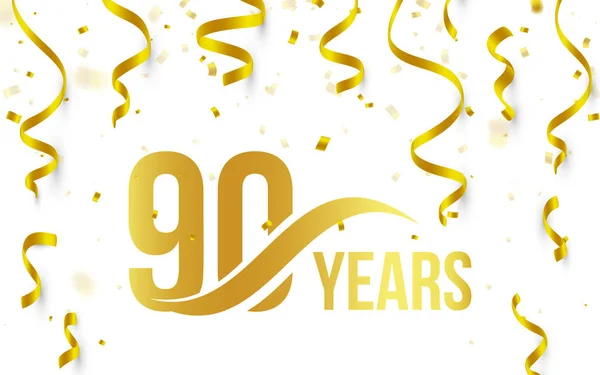 Isolierte goldene Farbzahl 90 mit Wortjahresymbol auf weißem Hintergrund mit fallendem Goldkonfetti und Bändern, Gruß zum 90. Geburtstag Logo, Kartenelement, Vektorillustration — Stockvektor