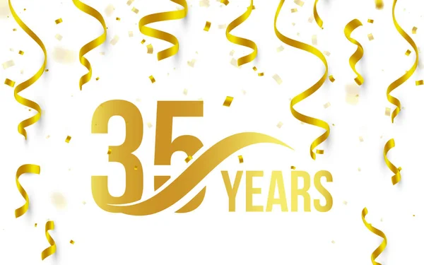 Zlatá barva číslo 35 se slovo let ikonu na bílém pozadí s padající zlaté konfety a stuhy, 35 narozeniny pozdrav logo, karta prvek, vektorové ilustrace, samostatný — Stockový vektor