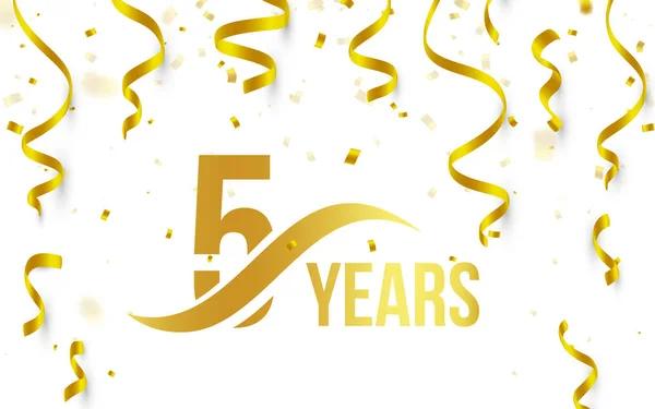 Gouden kleurnummer 5 met woord jaar pictogram op witte achtergrond met vallende gouden confetti en linten, 5e verjaardag verjaardag groeten logo, kaart element, vectorillustratie geïsoleerd — Stockvector