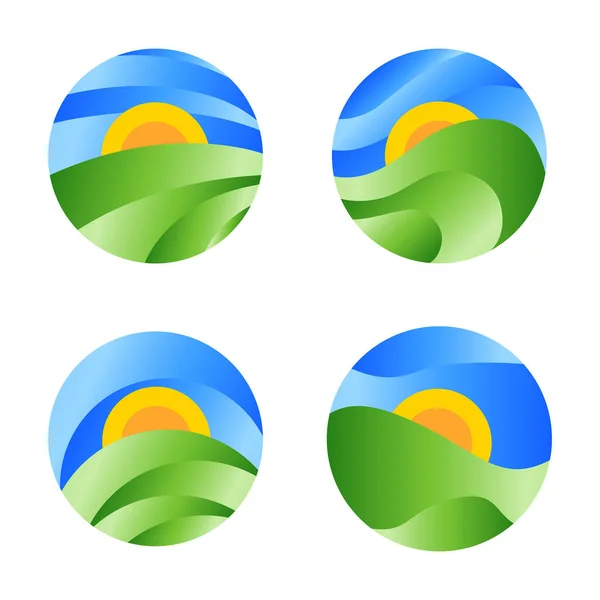 Ícone de paisagem redonda natureza, nascer do sol amarelo no campo verde no céu azul. Vector logotipo círculo abstrato . — Vetor de Stock