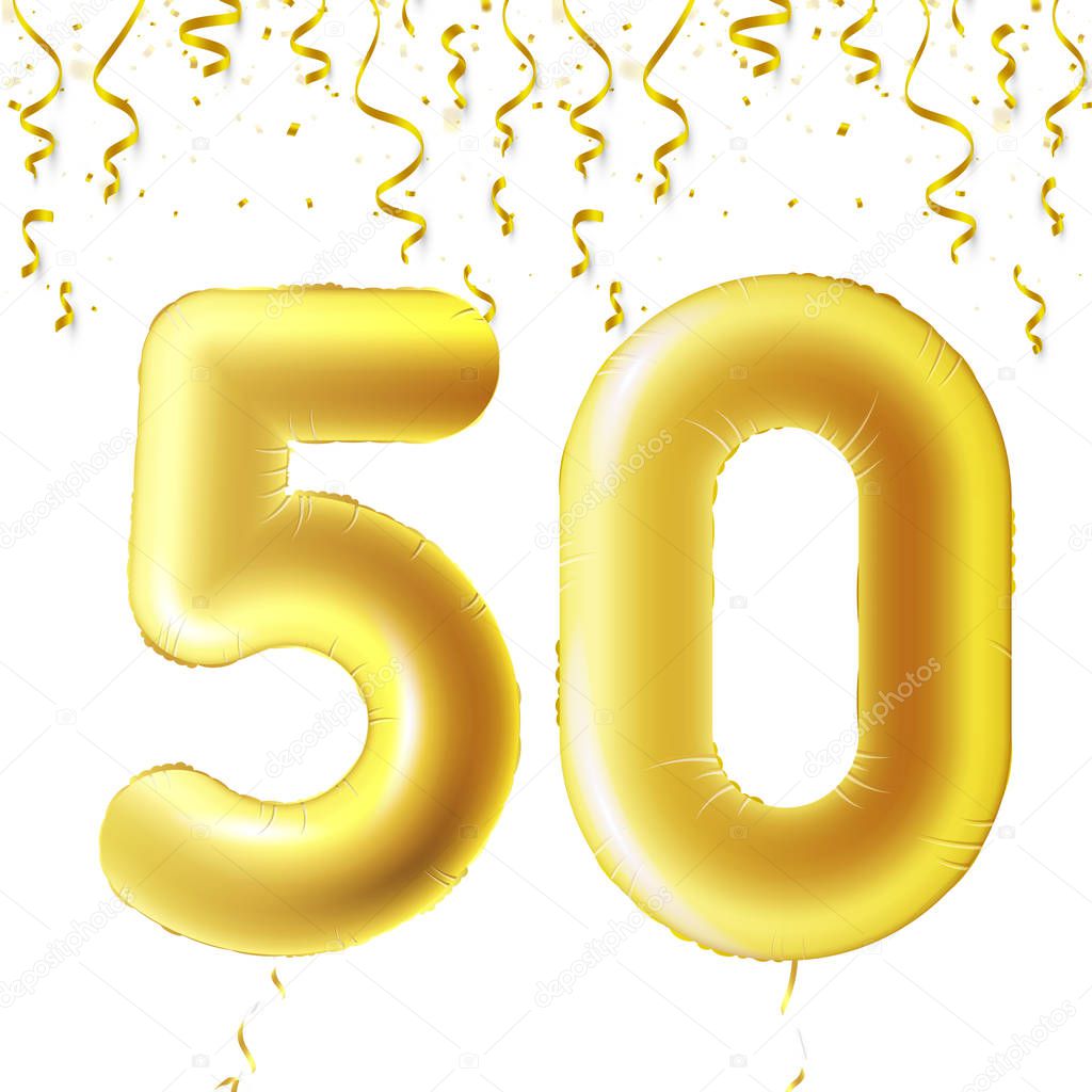 Inflatable golden balls with falling confetti and hanging ribbons. Fifty years, symbol 50. Vector illustration, logo or poster for fiftieth birthday celebrating.