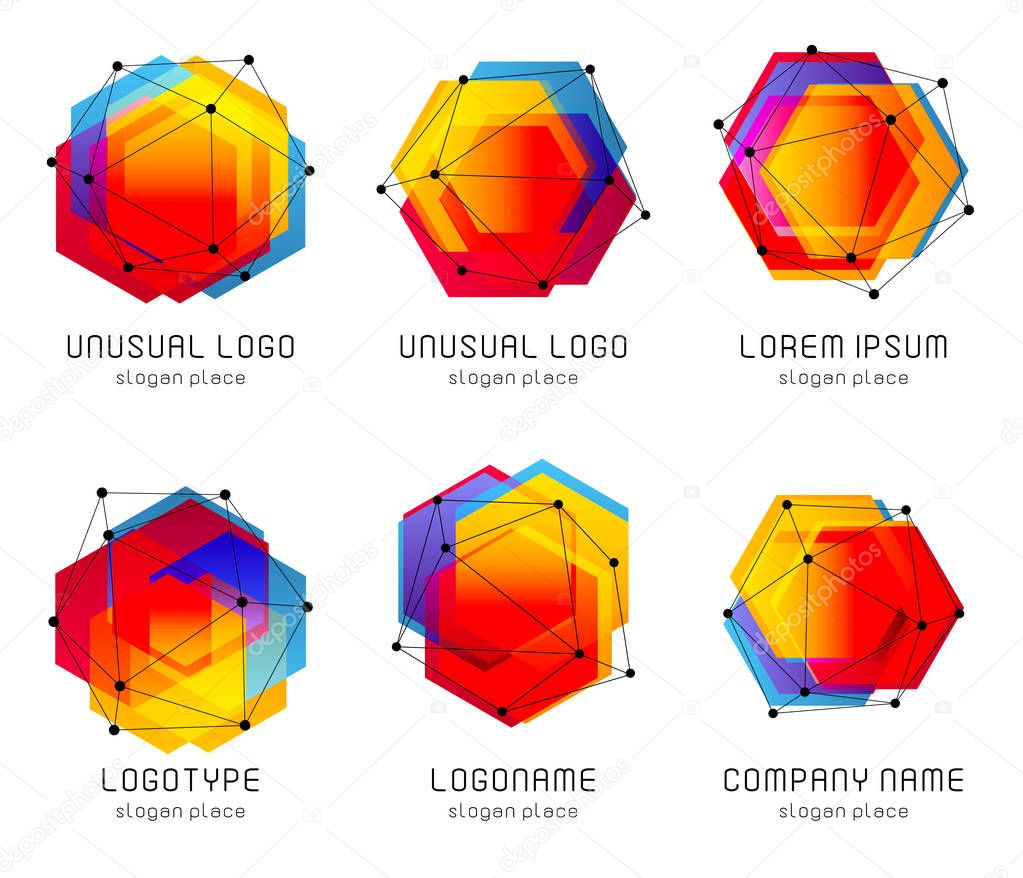Futuristic abstract colorful vector logo and poster template. Innovative technologies digital design effect logos set on black background
