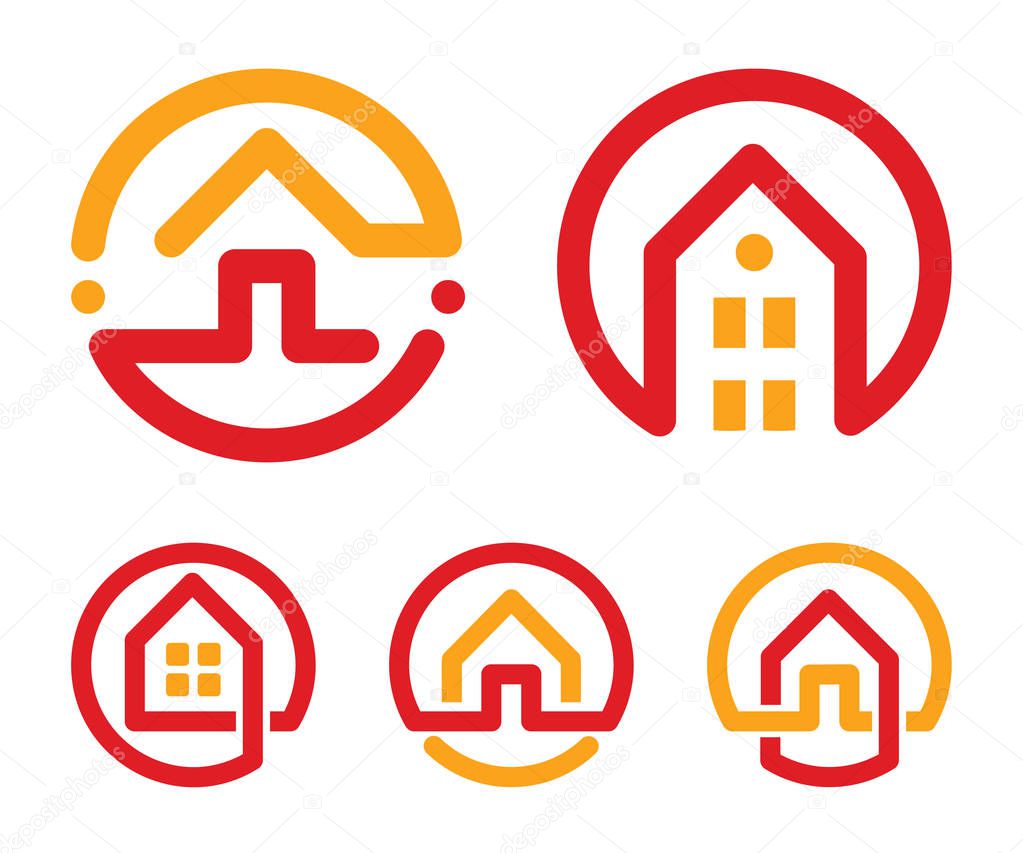 House abstract logos set. Red and yellow unusual linear real estate agency icons collection. Realtor logo. Home icon
