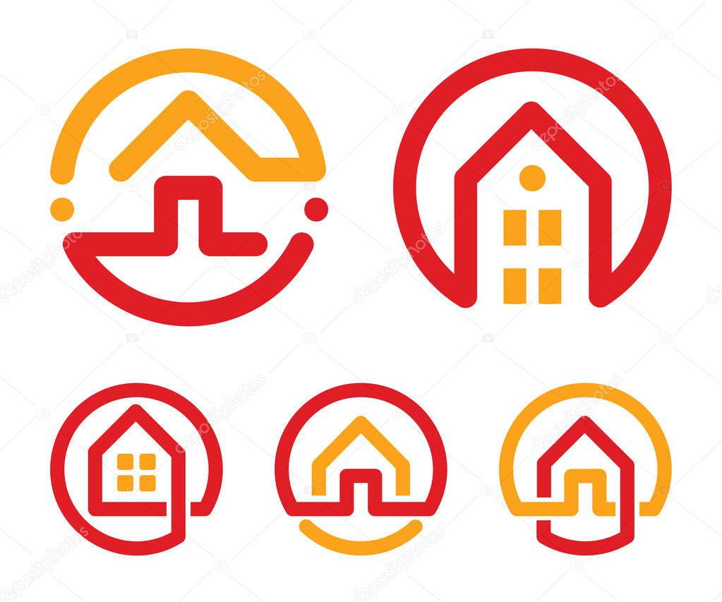 House abstract logos set. Red and yellow unusual linear real estate agency icons collection. Realtor logo. Home icon.