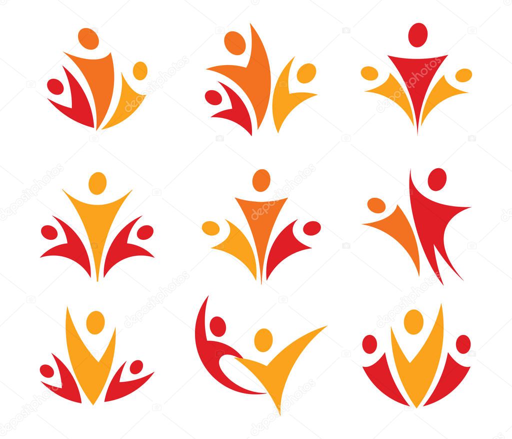 People union vector logo set. Abstract family icon. Parents logotype collection. Healthy lifestyle signs. Fitness body silhouette