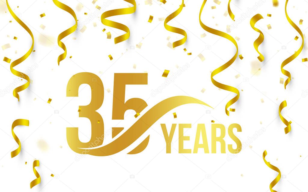 Isolated golden color number 35 with word years icon on white background with falling gold confetti and ribbons, 35th birthday anniversary greeting logo, card element, vector illustration