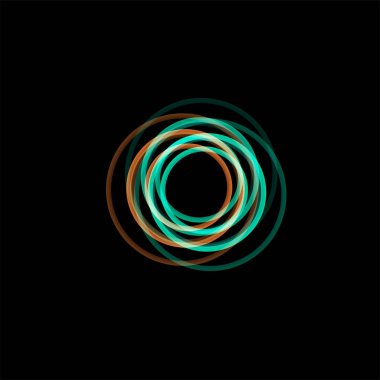 İzole huni soyut logo, doğrusal alışılmadık şekli, dairesel çizgi logo. Aydınlık çemberler, yüzük, tekerlek grafik illüstrasyon siyah arka plan üzerine.