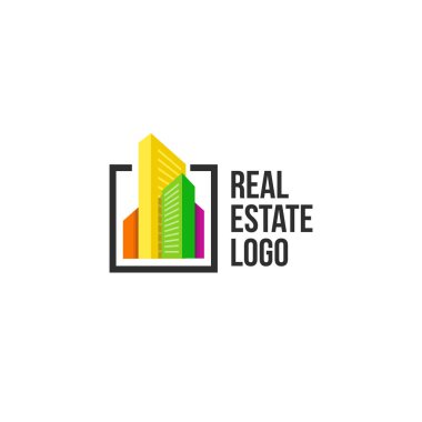 Renkli cityscape logo siyah çerçeve içinde ayarlayın. Yeni binalar logo. Emlak ajansı işareti şablon.