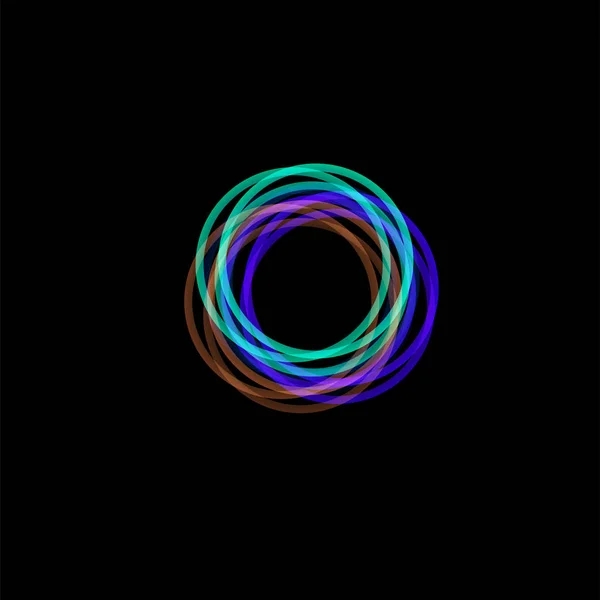 Logo abstrait en entonnoir isolé, forme linéaire inhabituelle, logotype circulaire. cerceaux lumineux, anneaux, illustration graphique de roue sur le fond noir . — Image vectorielle