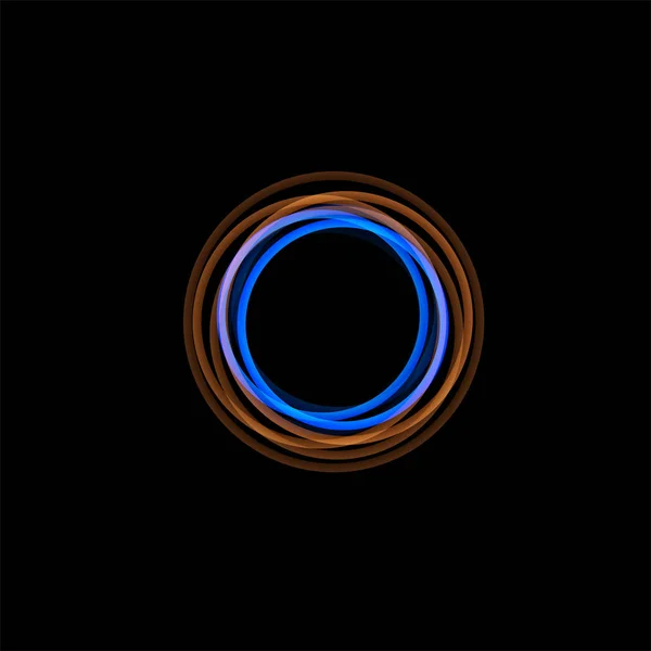Siglă abstractă izolată, formă liniară neobișnuită, logotip de linie circulară. Cercuri luminoase, inele, ilustrații grafice pe roți pe fundalul negru . — Vector de stoc