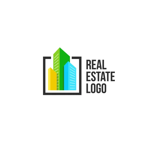 Logotipo de paisaje urbano colorido engastado en marco negro. Logotipo edificios nuevos. Plantilla de firma inmobiliaria . — Vector de stock