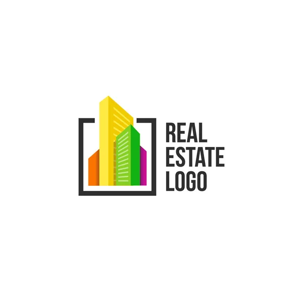 Logotipo de paisaje urbano colorido engastado en marco negro. Logotipo edificios nuevos. Plantilla de firma inmobiliaria . — Vector de stock