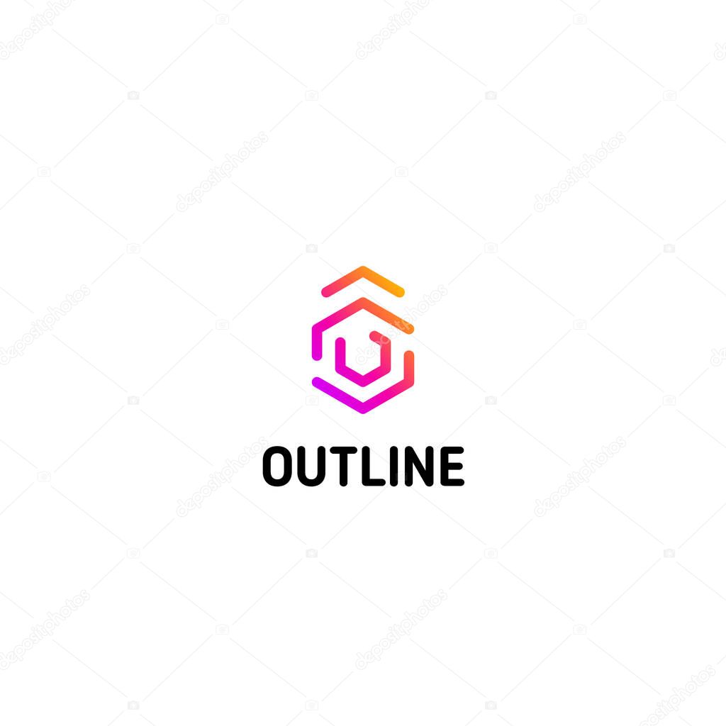 Isolated line art arrow up logo template. Abstract linear logotype. Colorful geometric icon. Outline innovate design elements. Vector simple futuristic sign. Hexagon shapes of lines