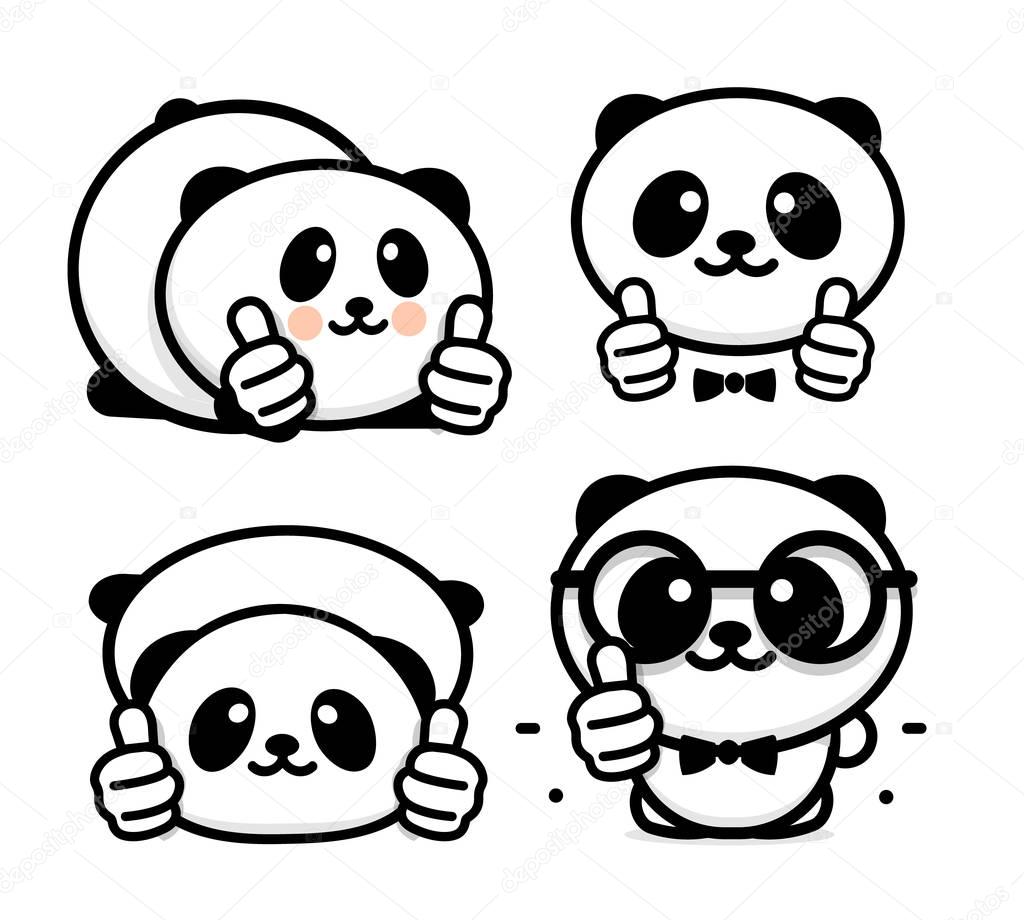OK logo. Funny little cute panda showing gesture with hand, abstract symbol of approval and adoption. Vector thumbs up logo with the image of a Chinese black and white bear showing its consent.