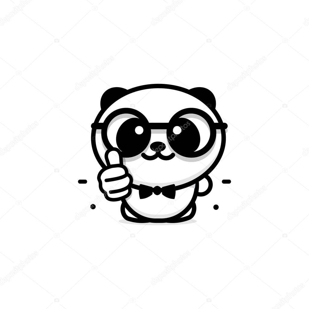 OK logo. Funny little cute panda showing gesture with hand, abstract symbol of approval and adoption. Vector thumbs up logo with the image of a Chinese black and white bear showing its consent.