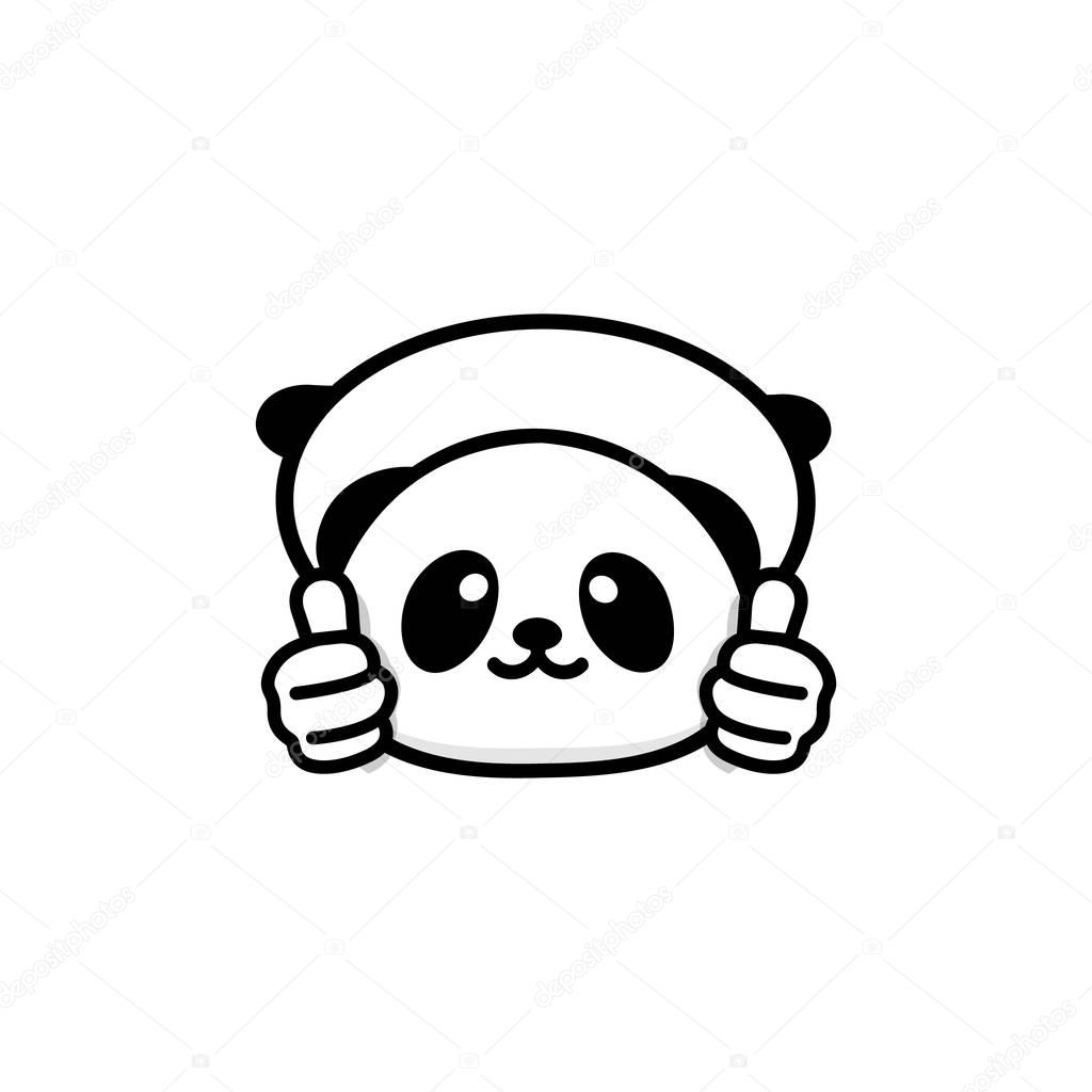 OK logo. Funny little cute panda showing gesture with hand, abstract symbol of approval and adoption. Vector thumbs up logo with the image of a Chinese black and white bear showing its consent.