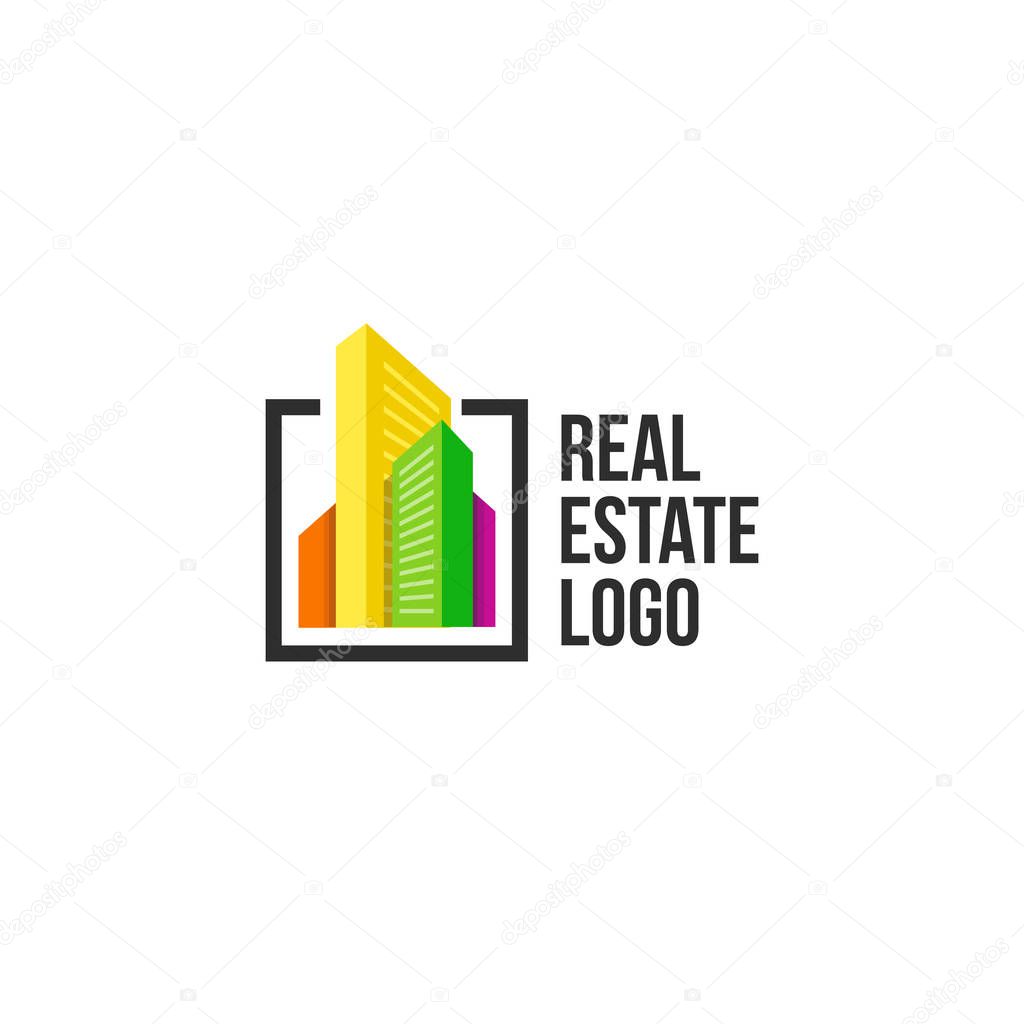 Colorful cityscape logo set in black frame. New buildings logotype. Real estate agency sign template