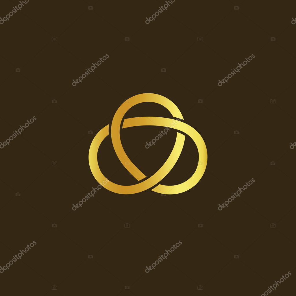 Science technology symbol. Gold knot of gold thread. Simple labyrinth, celtic mascot. Isolated unusual infinity sign. Vector abstract logo on black background