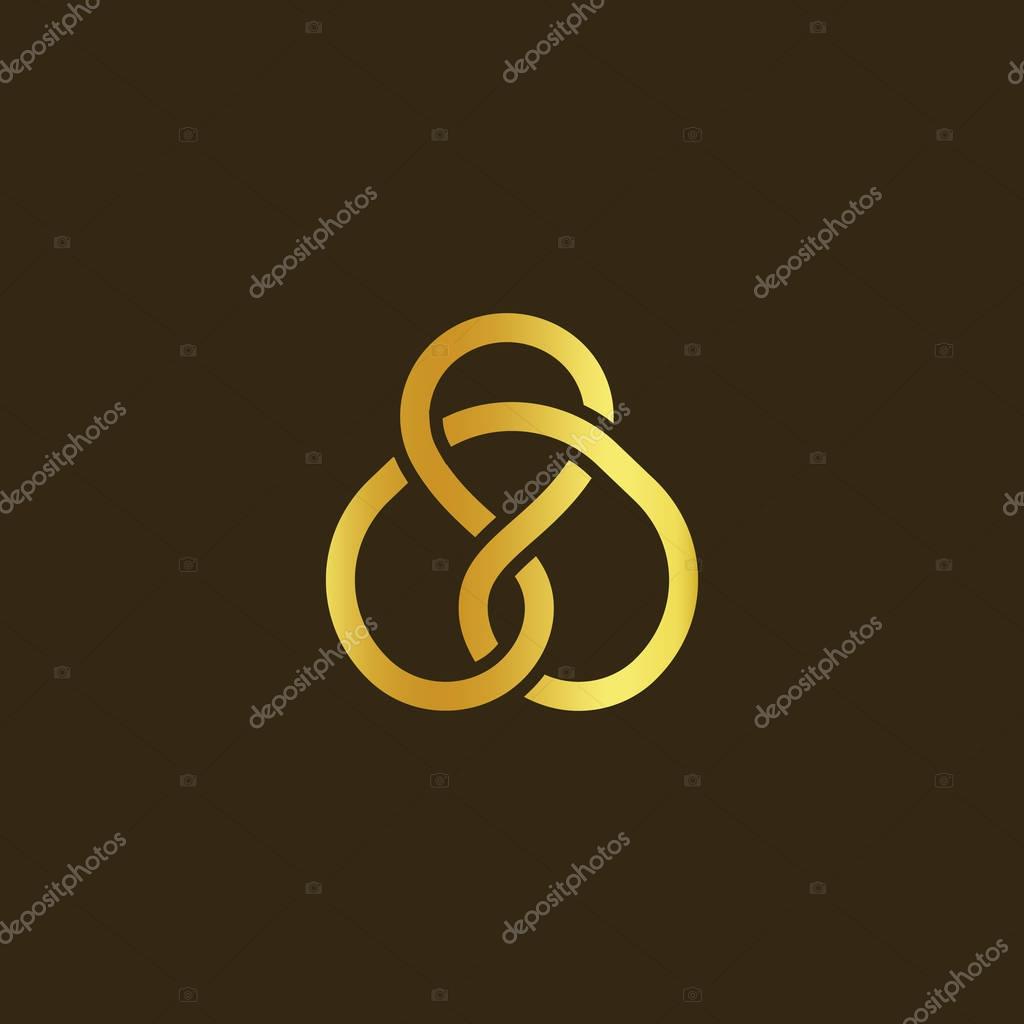 Science technology symbol. Gold knot of gold thread. Simple labyrinth, celtic mascot. Isolated unusual infinity sign. Vector abstract logo on black background