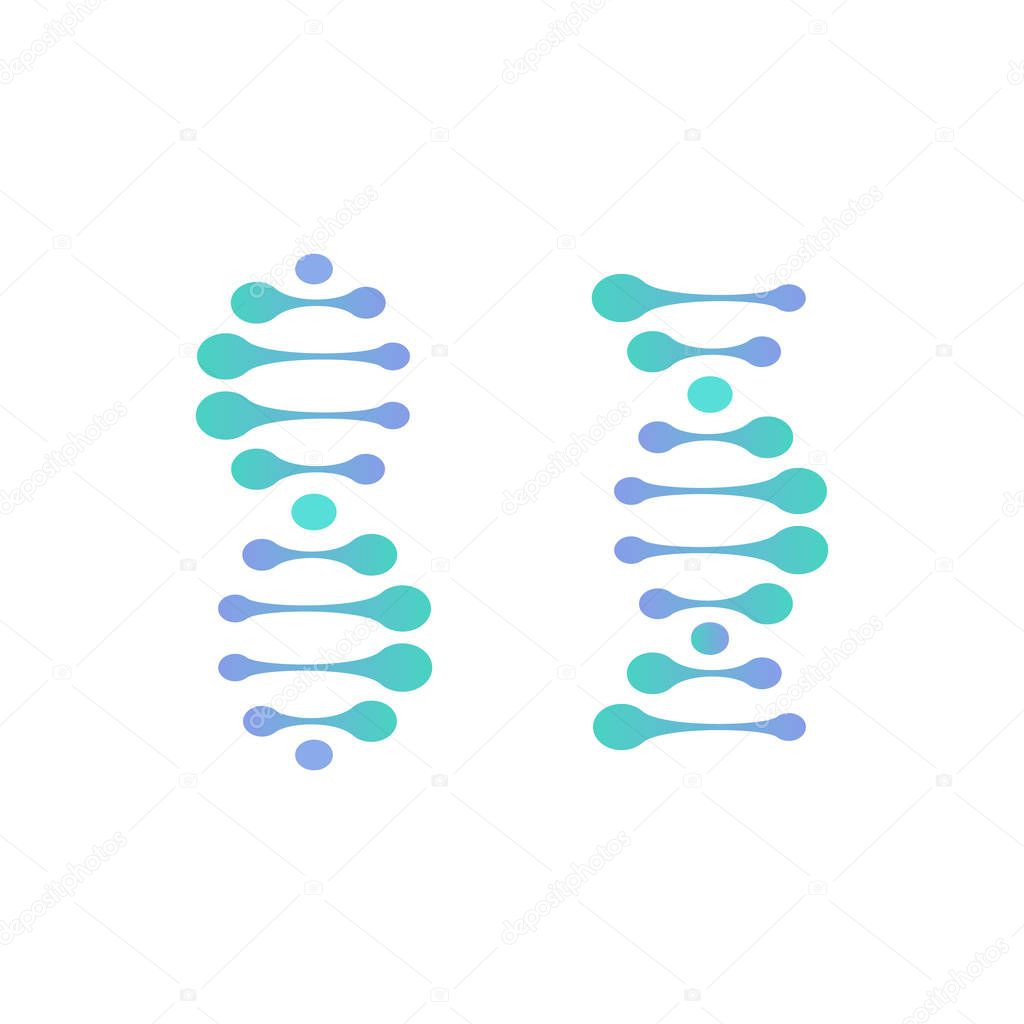 Abstract DNA molecule vector logo. Turquoise and blue color science sign. Laboratory of scientific discovery logotype. Stem cells cultivation technology research, medical business icon,design element