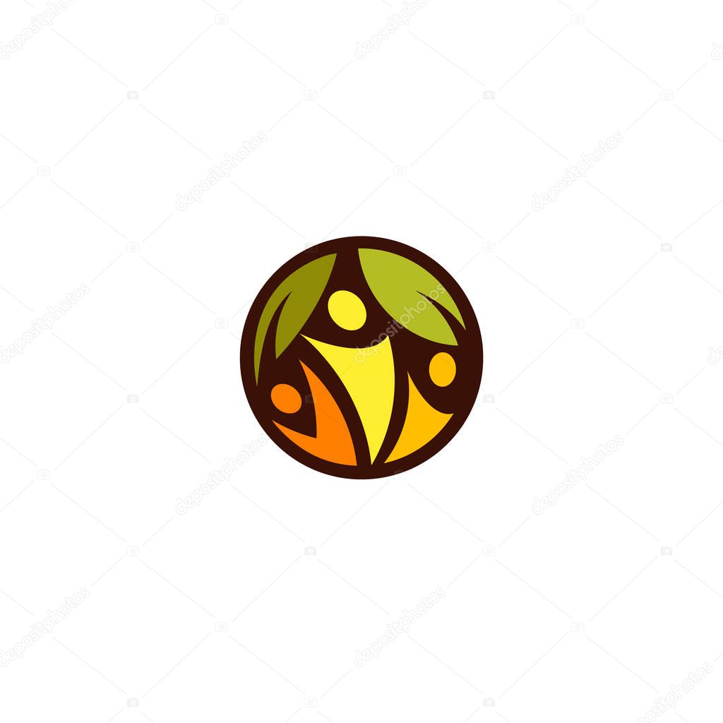 Green leaves with abstract silhouette of yellow, orange and red color peoples in the dark circle. Health promotion sign. Family tree icon. Healthcare lifestyle logo. Proper nutrition label