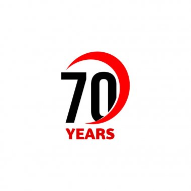 70 yıldönümü soyut vektör logosu. Yetmiş mutlu doğum gün simgesi. Siyah sayılarını metinle 70 yıl kırmızı ark.