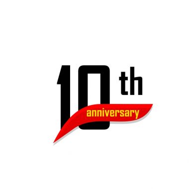 10th yıldönümü soyut vektör logosu. On mutlu doğum gün simgesi. Siyah alll─▒n kırmızı bumerang şekil sarı metin ile 10 yıl numaraları..