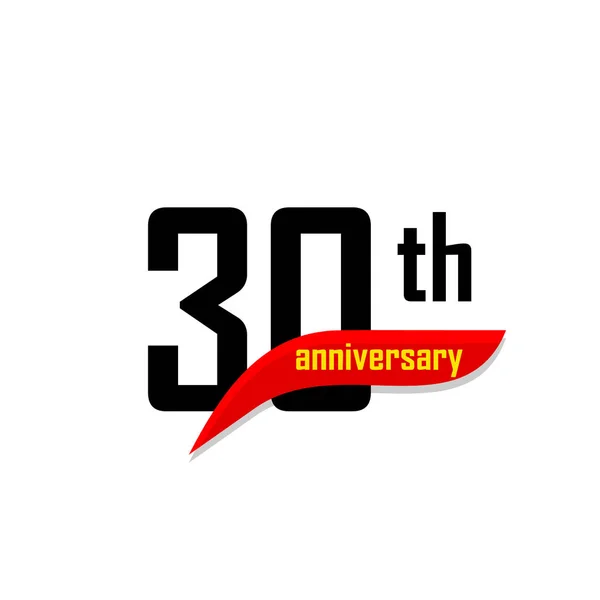 Logotipo abstracto del vector del 30 aniversario. Treinta feliz cumpleaños icono del día. Números negros con forma de boomerang rojo con texto amarillo 30 años . — Archivo Imágenes Vectoriales